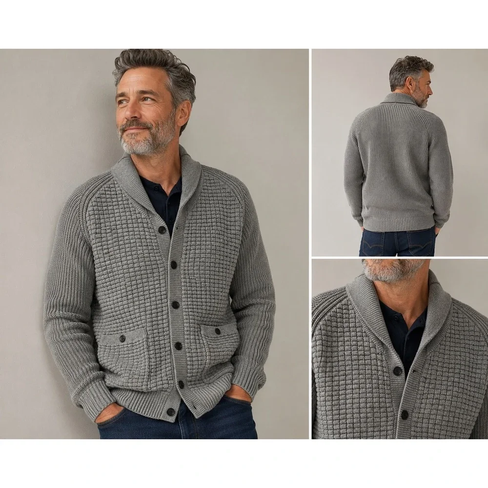 Duluth Trading Co Mens Gray Cotton Waffle Knit Shawl Collar Cardigan Sweater L